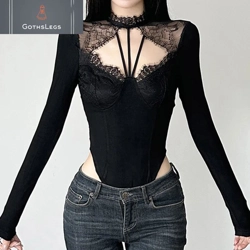 Gothic Techwear Lace Patchwork Bodysuit