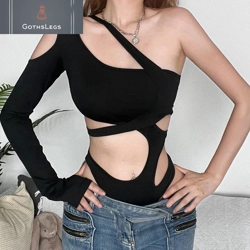 Gothic One Shoulder Cyber Bodysuit for Women
