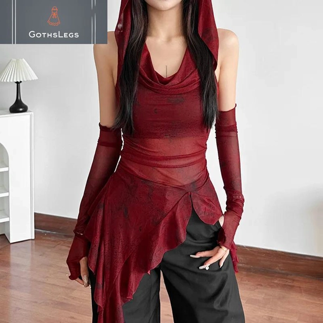 Additional Image for Gothic Mesh Hooded Streetwear Top