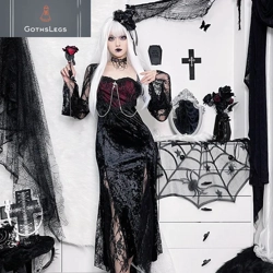Gothic Velvet Midi Dress with Lace Splice
