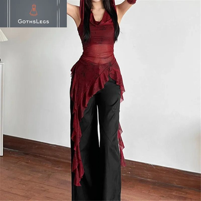 Additional Image for Gothic Mesh Hooded Streetwear Top