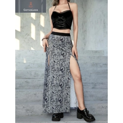 Gothic Dark Crow Print Midi Skirt