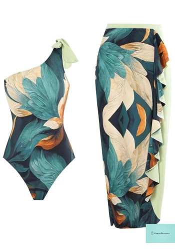 Vintage One Shoulder Swimsuit and Skirt Set