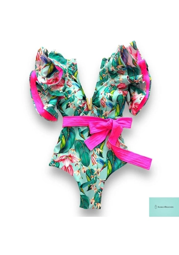 Floral Ruffle Push-Up Monokini with Deep V-Neck