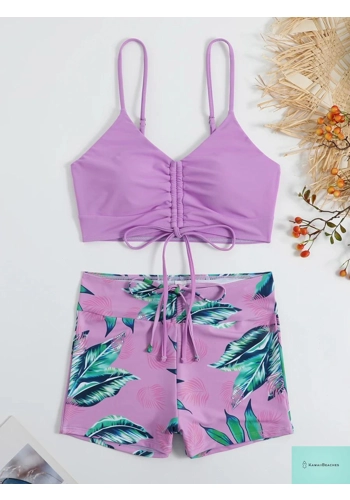 Tropical Print High Waist Drawstring Bikini