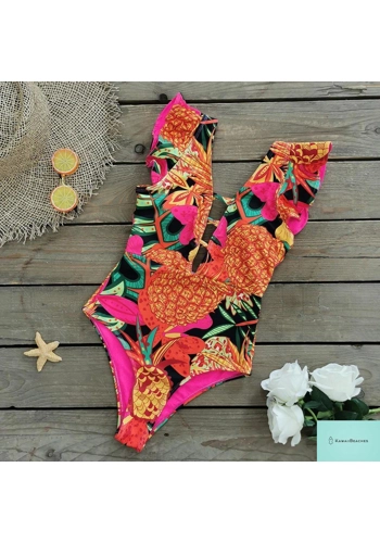 Floral Deep V Neck Swimsuit Bodysuit
