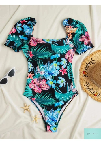 Tropical Print Drawstring One-Piece Swimsuit