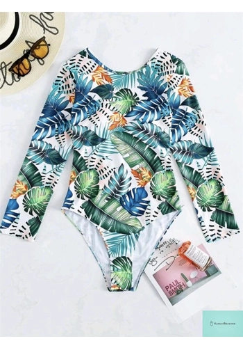 Tropical Leaf Long Sleeve Surf Swimsuit