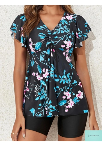 Womens V Neck Tankini Swimsuit Set