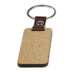 Beech Wood + Leather tag & Keyring - Rectangle Shape