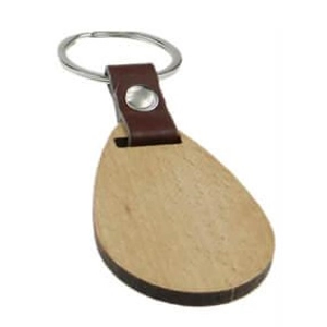 Beech Wood + Leather tag & Keyring - Water Drop Shape