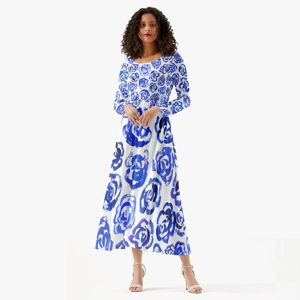 Women's Long-Sleeve Dress with Dark Blue Flower Blossoms