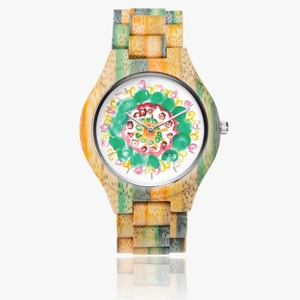 Wooden Bamboo Watch with Mandala Painting (Green & Blue)