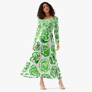 Women's Long-Sleeve Dress with Dark Green Flower Blossoms