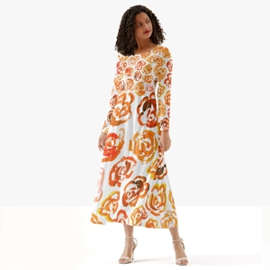 Women's Long-Sleeve Dress with Orange Flower Blossoms