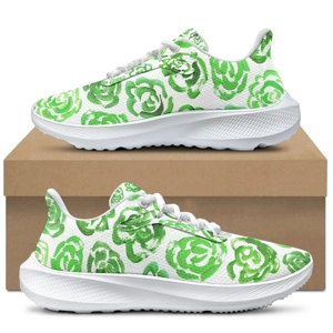 Running Shoes with Dark Green Flower Blossoms