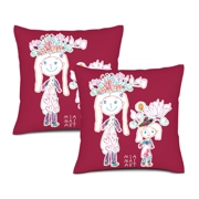 Linen Cushion Cover Set: 2 Dark Red Covers with Double-Sided Mother and Daughter Drawings