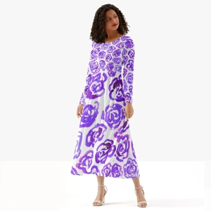 Women's Long-Sleeve Dress with Dark Purple Flower Blossoms