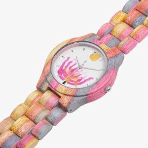 Wooden Bamboo Watch with Lotus FLower and Full Moon Painti..