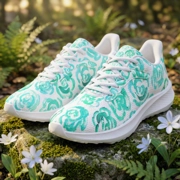 Aqua color flower shoes | Art sneakers | Unisex running shoes with aqua color flower blossoms. Women's & men's lightweight sports shoes.  Floral print running shoes | Floral sneakers | Boho patterned shoes | Cute trainers | Flower sneakers | Gym trainers, tennis shoes & walking shoes by Mia Mai Art