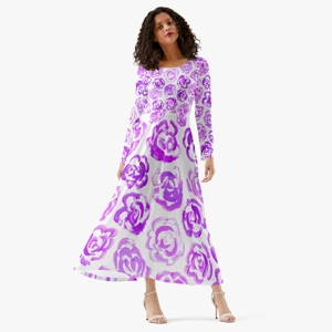 Women's Long-Sleeve Dress with Light Purple Flower Blossoms