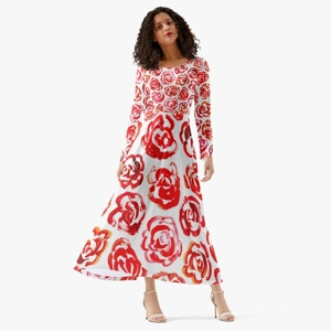 Women's Long-Sleeve Dress with Red Flower Blossoms