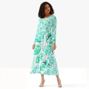 Women's Long-Sleeve Dress with Aqua Color Flower Blossoms