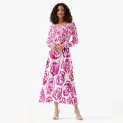 Women's Long-Sleeve Dress with Dark Pink Flower Blossoms