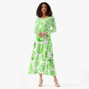 Women's Long-Sleeve Dress with Light Green Flower Blossoms