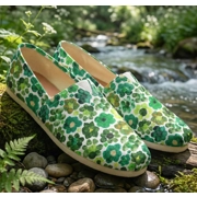 Green Floral Canvas Toms Style Shoes - Unisex Slip-On Loafers with Flower Blossom Paintings