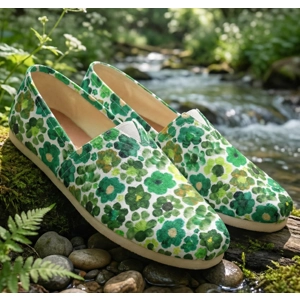 Green Floral Canvas Toms Style Shoes - Unisex Slip-On Loafers with Flower Blossom Paintings