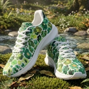 Green flower blossom running shoes. Green floral unisex running shoes (unisex) with painted green flower blossoms.  Botanical art sneakers by Mia Mai Art.