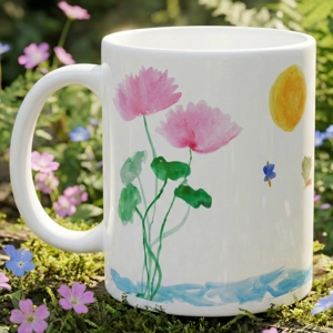 Mug with Lotus Flowers, Sun & Butterflies Painting – Watercolor Printed Art Mug by Mia Mai Art