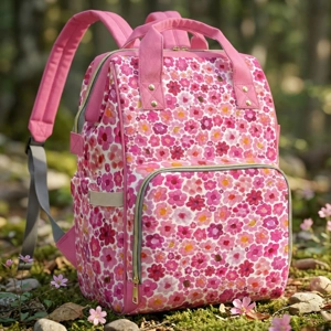 Backpack with Pink Flower Blossoms | Waterproof Pink Floral Art | Multi-Function Laptop & Diaper Bag