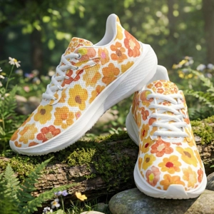 Orange Floral Running Shoes (Unisex) with Painted Orange Flower Blossoms | Botanical Art Sneakers