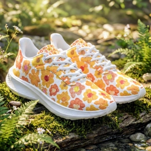 Orange Floral Running Shoes (Unisex) with Painted Orange Flower Blossoms | Botanical Art Sneakers
