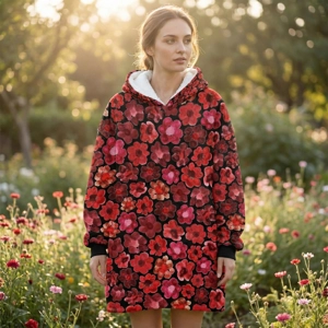Front view medium shot of the Red Zen Blossom floral hoodie in a garden setting. This high-key lifestyle image highlights the rich watercolor-style flower pattern and the soft, warm texture of the sherpa-lined oversized sweatshirt. An ideal choice for cozy home lounging or outdoor camping.
