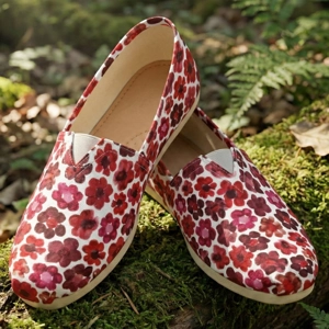 Red floral canvas toms style shoes - unisex slip-on loafers with red flower blossom paintings by Mia Mai Art