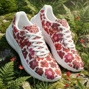 Red Floral Running Shoes (Unisex) with Painted Red Flower Blossoms | Botanical Art Sneakers