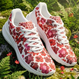 Running Shoes with Red Flower Blossoms (Unisex) Floral Print Running Shoes | Botanical Art Sneakers