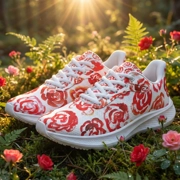 Red flower shoes | Art sneakers |  Unisex running shoes with red flower blossoms |  Women's & men's lightweight sports shoes.  Floral print running shoes | Floral sneakers | Boho patterned shoes | Cute trainers | Flower sneakers | Gym trainers, tennis shoes & walking shoes
