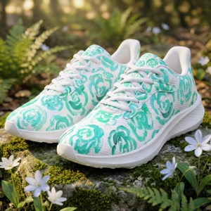 Running Shoes with Aqua Color Flower Blossoms (Unisex) Floral Print Running Shoes | Mia Mai Art