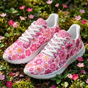 Running Shoes with Pink Flower Blossoms (Unisex) Floral Print Running Shoes | Botanical Art Sneakers