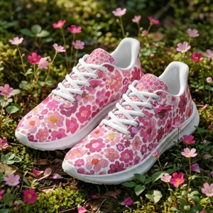 Pink Floral Running Shoes (Unisex) with Painted Pink Flower Blossoms | Botanical Art Sneakers