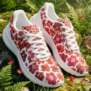 Running Shoes with Red Flower Blossoms (Unisex) Floral Print Running Shoes | Botanical Art Sneakers