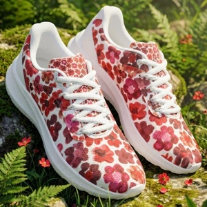Running Shoes with Red Flower Blossoms (Unisex) Floral Print Running Shoes | Botanical Art Sneakers