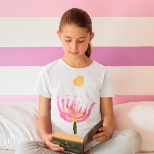 Girls' 100% Cotton T-Shirt with Lotus Flower and Full Moon..