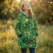 Women's Green Flower Hoodie | Oversized Wearable Blanket | Zen Blossom Floral Print Sherpa Fleece
