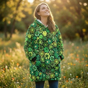 Women's Green Flower Hoodie | Oversized Wearable Blanket | Zen Blossom Floral Print Sherpa Fleece