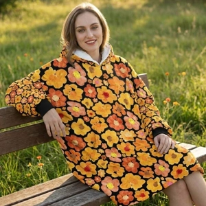 Women's Orange Flower Hoodie | Oversized Wearable Blanket | Zen Blossom Floral Print Sherpa Fleece